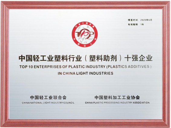 利安隆凭借企业的综合实力和行业影响力斩获2019年度中国轻工业塑料行业（塑料助剂）十强企业，排名第一